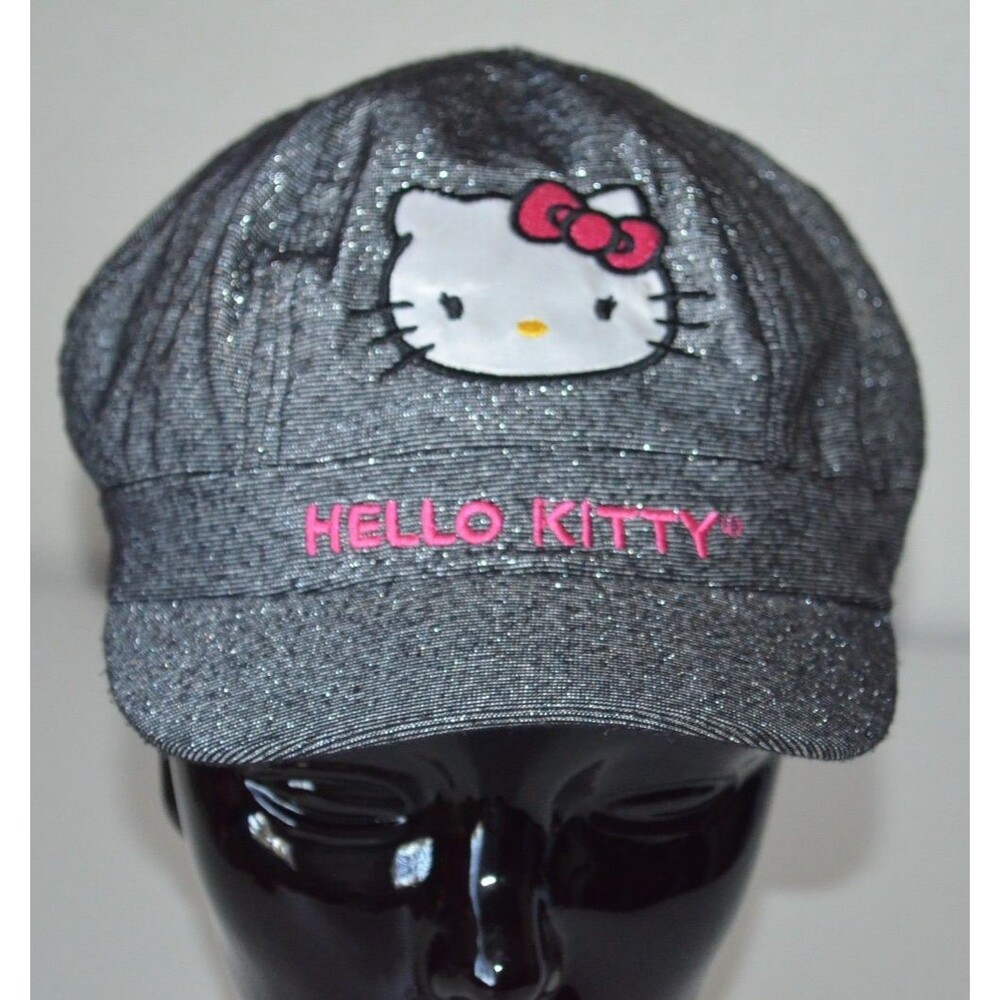 Sanrio Hello Kitty Cap Womens Dark Gray Metallic Thread Pink Hat Gatsby Newsboy